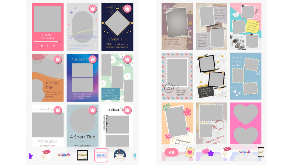 iNSPiC PV-223の専用アプリ「Canon Mini Print」に搭載されているフレームテンプレートの一覧。ピンク、ブルー、ヴィンテージ風、お花、ハートなど、多様でおしゃれなデザインが並んでいる。写真をデコレーションするための機能。