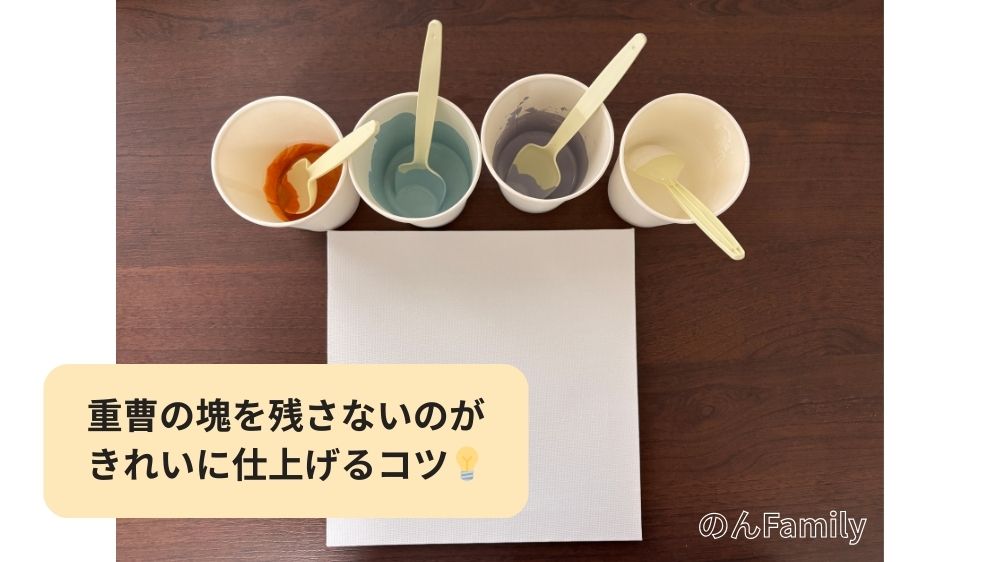 ファーストアートの作り方。紙コップの中で絵の具と重曹を2：1の割合で混ぜている様子。