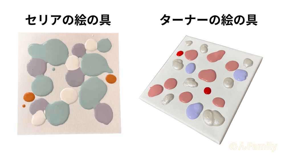 ファーストアートでセリアの絵の具とターナーの絵の具を使った場合の絵の具の質を表現した写真。キャンバスの上に絵の具がのっている。