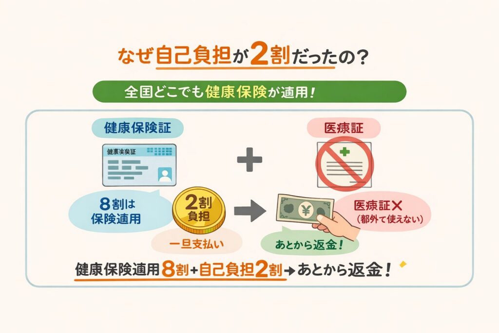 子どもの医療費が2割負担になる理由を解説した図|健康保険8割+自己負担2割+あとから返金の仕組み