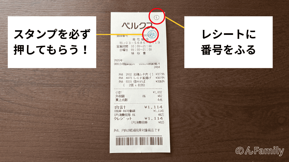 足立区レシートde商品券2026 レシート スタンプ 押してもらった例