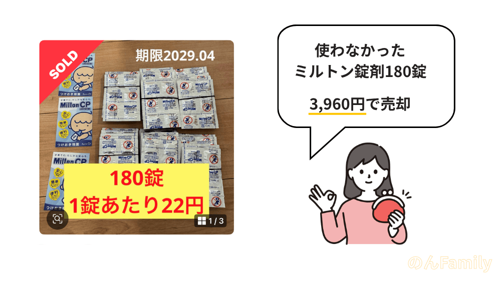 ミルトン錠剤180錠をメルカリで3960円で売却した実例|育児グッズの断捨離