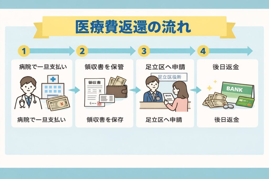 足立区の子ども医療費助成における医療費返還の流れを解説した図解。病院で支払い後、領収書を保管し申請することで後日返金される手順を紹介