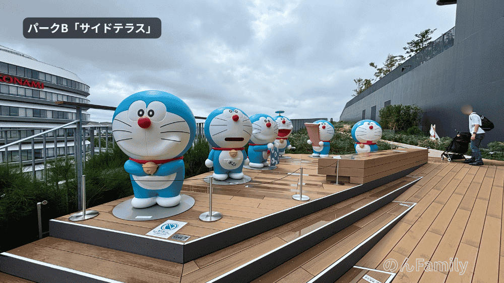 「100％ドラえもん＆FRIENDS（東京ドリームパーク）」の無料エリア、パークB「サイドテラス」に並ぶ様々なひみつ道具を持ったドラえもんフィギュア。奥の通路をベビーカーを押して歩くパパの姿もあり、子連れで移動しやすい広さであることがわかる写真。