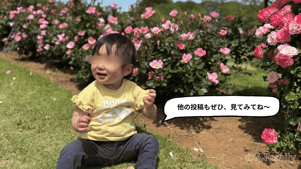 ふなばしアンデルセン公園のバラ園の芝生に座る1歳児と「他の投稿もぜひ、見てみてね〜」というメッセージ入りのブログ巻末画像。