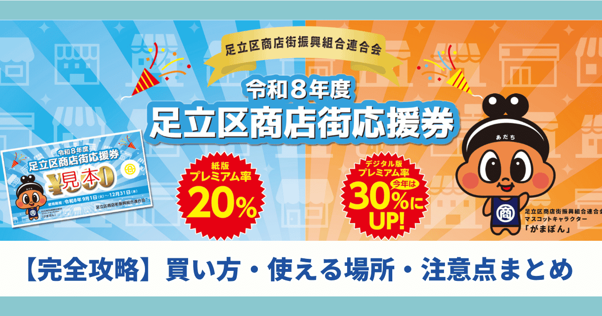 足立区商店街応援券の公式バナーをベースにしたブログのアイキャッチ画像。左側に「令和8年度 足立区商店街応援券」の文字、プレミアム率が紙版20%・デジタル版30%にアップした旨が記載され、右側には「完全攻略 初めてでもわかる！買い方・使える場所・注意点まとめ」というキャッチコピーとマスコットキャラクター「がまぼん」、下部には「のんFamily｜子育て・家計ブログ」のロゴが入っている。